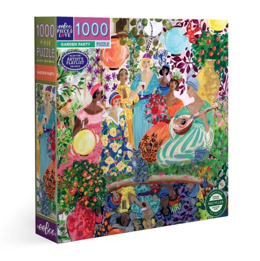 The Eeboo Garden Party jigsaw puzzle featuring a vibrant illustration of a lively garden scene with people in colorful attire, surrounded by flowers and decorative lanterns. The puzzle box showcases the 1000 pieces and highlights its eco-friendly materials.