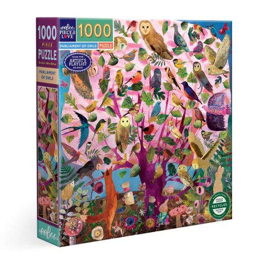 The Parliament of Owls jigsaw puzzle by Eeboo features a vibrant, colorful illustration filled with various owls and birds among lush foliage and whimsical creatures. This 1000-piece puzzle showcases intricate artwork, perfect for nature enthusiasts and puzzle lovers alike.