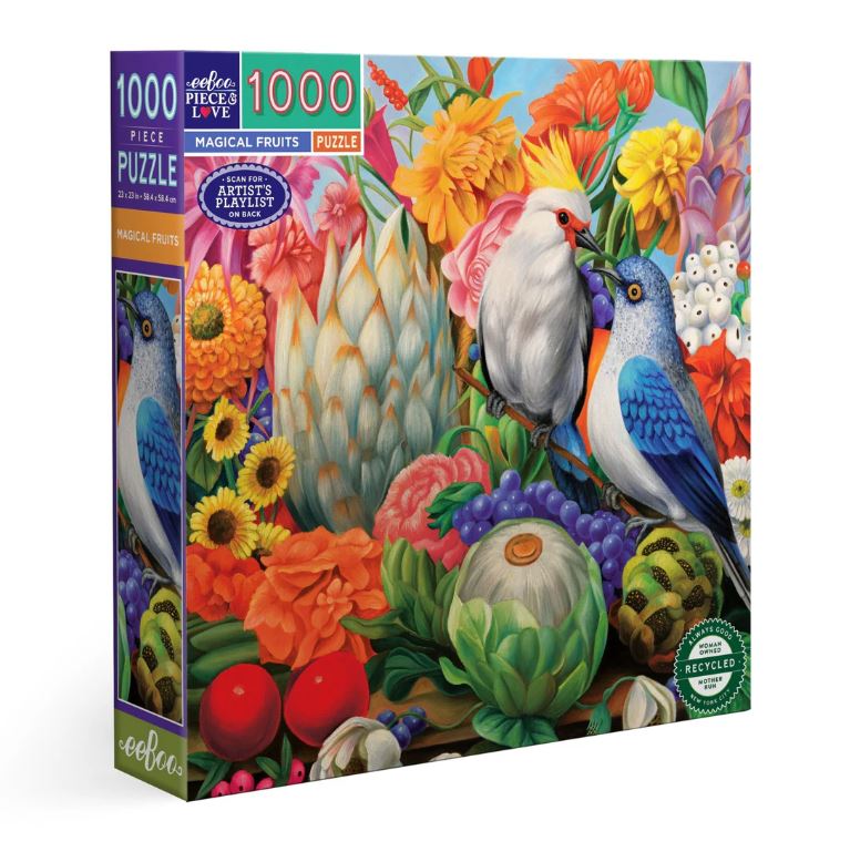 Eeboo Magical Fruits 1000-piece jigsaw puzzle box featuring a vibrant illustration of colorful fruits, flowers, and two charming birds. The artwork captures a lush garden scene, perfect for puzzle enthusiasts of all ages.