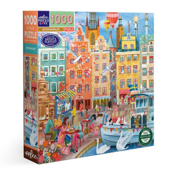 Eeboo's Stockholm jigsaw puzzle, featuring 1000 vibrant pieces. The image depicts a picturesque scene in Stockholm with colorful buildings, people enjoying outdoor cafes, swans in the water, and festive decorations, suggesting a lively atmosphere and charm of the city.