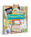 Eeboo Pretend Play Veterinarian kit featuring a bright packaging. It includes various veterinary props like a stethoscope, patient records, and educational cards. The design showcases a child interacting with an orange cat, promoting imaginative role-playing for kids aged 3 and up.