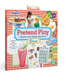 The Pretend Play Best Pal's Diner by Eeboo features a colorful box with illustrations of a diner scene, including menus, a guest check pad, play food items, and a child interacting with a cat character. Perfect for imaginative play, this set encourages creativity and social skills in children aged 3 and up.