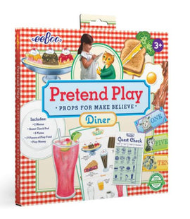 The Pretend Play Best Pal's Diner by Eeboo features a colorful box with illustrations of a diner scene, including menus, a guest check pad, play food items, and a child interacting with a cat character. Perfect for imaginative play, this set encourages creativity and social skills in children aged 3 and up.