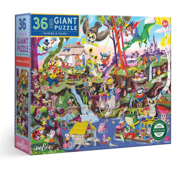 An illustrated box of the Fairies & Tales Giant Puzzle by Eeboo featuring a vibrant, whimsical scene filled with various animals, fairy tale elements, and colorful landscapes. The puzzle includes 36 jumbo pieces designed for children aged 4 and up. The box highlights its eco-friendly packaging with a recycled materials logo.