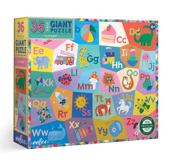 Eeboo Alphabet Giant Puzzle featuring 36 colorful pieces with illustrations of animals and objects corresponding to each letter of the alphabet. The box is designed with vibrant colors, promoting engaging learning for children aged 4 and up.