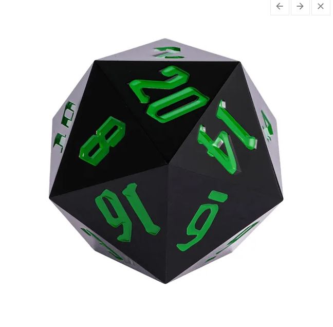 55mm Titan D20 Sharp Edge Continuous die by Foam Brain Games. A geometric 20-sided die features contrasting black and green colors with clear numbers. Ideal for tabletop games and RPGs.