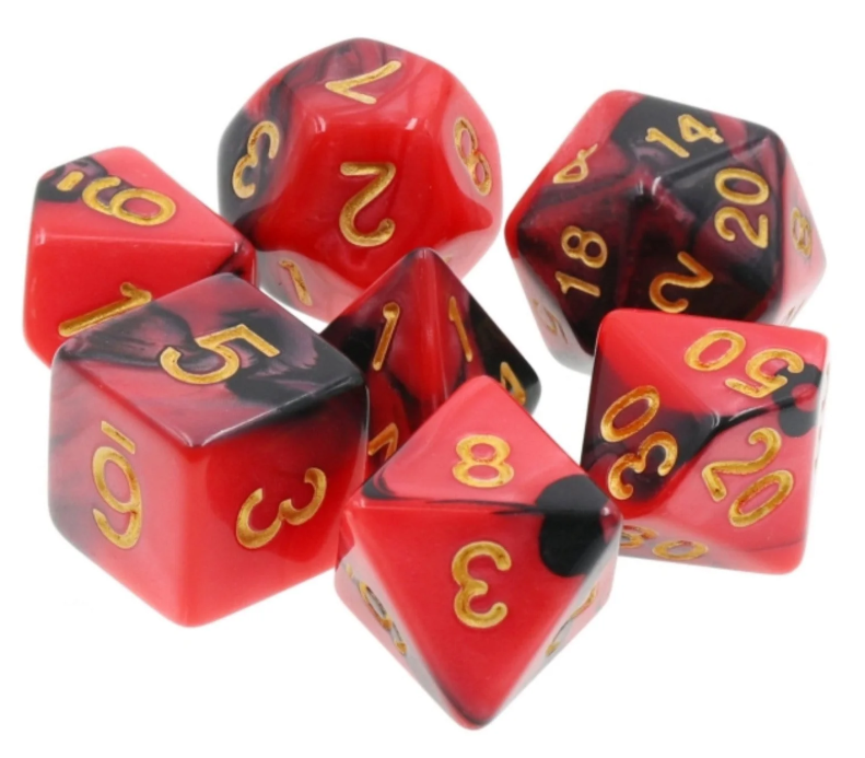 A vibrant set of RPG dice in a striking red and black swirl design, featuring gold numbers. The set includes various polyhedral dice suitable for tabletop gaming, showcasing a mix of d4, d6, d8, d10, d12, and d20.