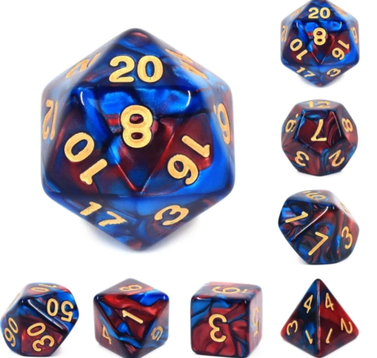 A vibrant Blue Blood RPG Dice Set featuring multiple polyhedral dice in shades of blue and red with gold numbers. Includes various shapes like a D20, D12, D10, D8, D6, and D4, perfect for tabletop role-playing games.