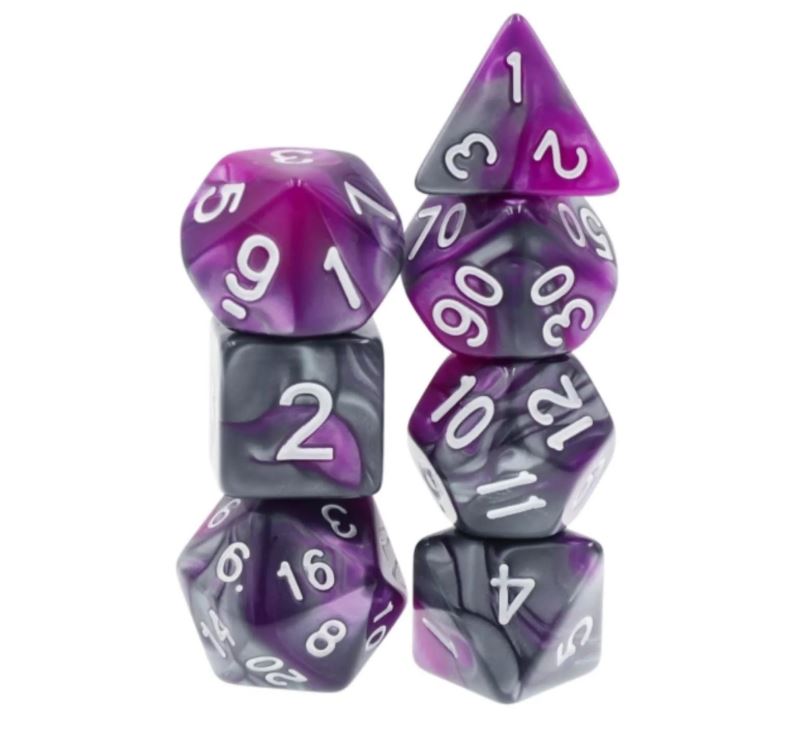 Dark Crystal RPG Dice Set featuring a variety of intricately designed polyhedral dice in shades of purple and black. The set includes a D20, D12, D10, D8, D6, and D4, all with clear white numbers that stand out against the colorful backgrounds, perfect for tabletop gaming enthusiasts.