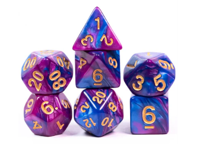 A vibrant RPG dice set from Foam Brain Games featuring multi-colored resin dice with gold numbers. The set includes three unique shapes: a 20-sided die, a 10-sided die, and a square die, all showcasing swirls of purple and blue.