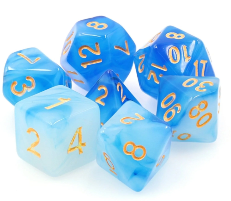 A set of blue milky RPG dice featuring a mix of rounded and sharp-edged shapes. The dice are translucent with a swirling blue and white pattern, and feature gold numbers. The set includes various dice types such as D4, D6, D8, D10, D12, and D20, elegantly arranged on a white background.