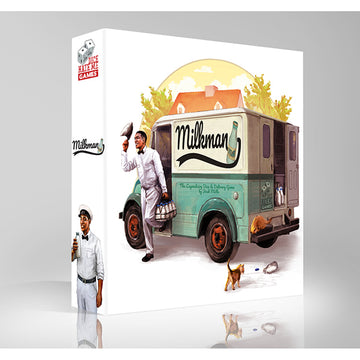 The Milkman game by DICE HATE ME GAMES features a vintage delivery truck in a sunny setting, showcasing a smiling milkman in a white uniform. The box design is vibrant and playful, reflecting the game’s theme of delivery and exploration.