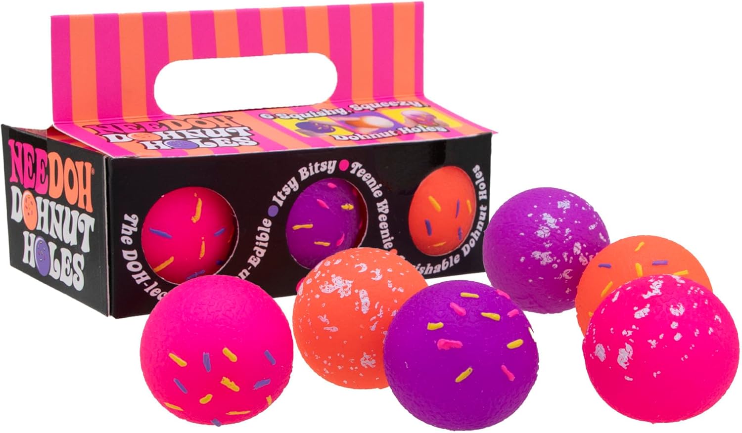 A colorful set of Teenie Nee Doh Donut Holes from Schylling. The pack features pink, orange, and purple squishy balls resembling donut holes, decorated with colorful sprinkles, displayed next to their cardboard box that has vibrant graphics.