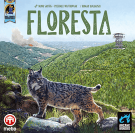 Floresta board game by Arcane Wonders featuring a vibrant illustration of a lynx standing on a rocky outcrop amidst a lush, green mountainous landscape with a fire lookout tower in the background. The scene captures the essence of nature and adventure, inviting players into an engaging gameplay experience.