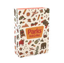 The game box for 'Parks: Roll & Hike' by Keymaster Games. The colorful exterior features whimsical illustrations of wildlife, camping gear, and nature-themed icons. The logo is prominently displayed in yellow and red.