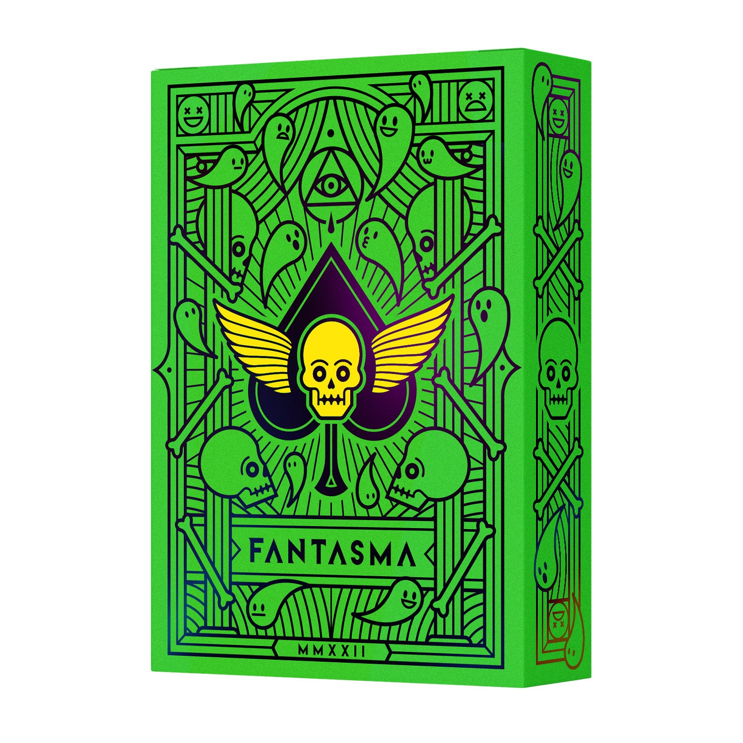 The Fantasma (Ectoplasm) Cards by Thirdway Industries feature a vibrant green box decorated with whimsical ghost and skull designs, highlighted by a central skull with wings and intricate patterns. The deck is themed around ghostly elements, perfect for a fun and eerie card game experience.