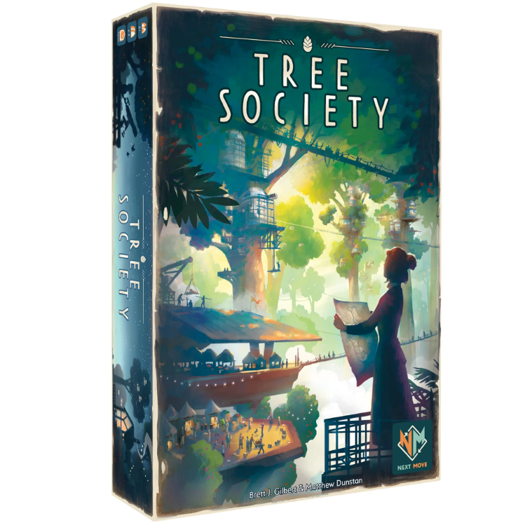 Tree Society board game by NEXT MOVE GAMES showcasing a vibrant, artistic cover. Depicts a mystical tree village with treehouses and characters engaged in lively activities amidst lush greenery. The title 'Tree Society' is prominently displayed, inviting players into a unique experience.