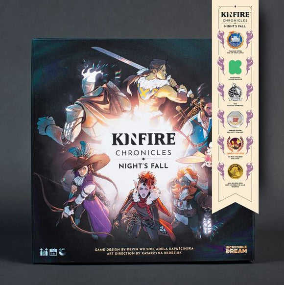 Kinfire Chronicles: Night's Fall board game box displaying vibrant, illustrated characters in action. The box features artwork by Katarzyna Rębusiak and highlights design credits and award seals.