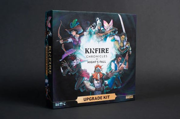 Kinfire Chronicles Upgrade 2.0 game box featuring colorful artwork of various characters, including a warrior, an archer, and a sorceress, set against a mystical backdrop. The box prominently displays 'Nights Fall' and 'Upgrade Kit' labels, ideal for enhancing gameplay.