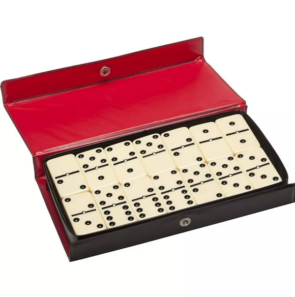 Club Size Dbl 6 Dominoes set in a sleek black case with a vibrant red interior. The case holds 28 traditional ivory domino tiles featuring black dots. Perfect for family game nights and gatherings.