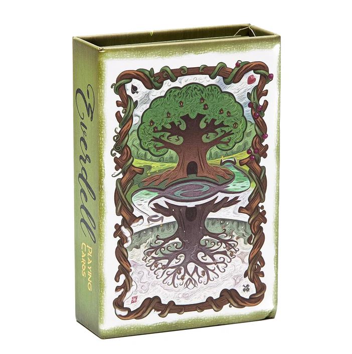 The Everdell Playing Cards package featuring a beautifully illustrated design. The box displays a whimsical tree surrounded by colorful details, perfect for gaming enthusiasts. The title 'Everdell Playing Cards' is elegantly written along the side, set against a vibrant green backdrop.