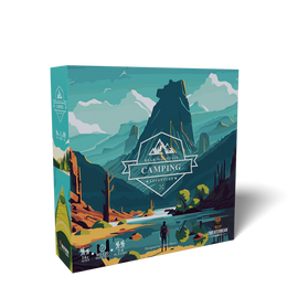 Bear Mountain Camping Adventure board game box featuring vibrant illustrations of rugged mountains, trees, and a serene river. The design showcases the game's adventurous theme, perfect for outdoor enthusiasts and gamers alike. The game is published by Sweaterbear Games and is suitable for 1-4 players, with gameplay lasting 90-120 minutes, designed by Chris Matlos.