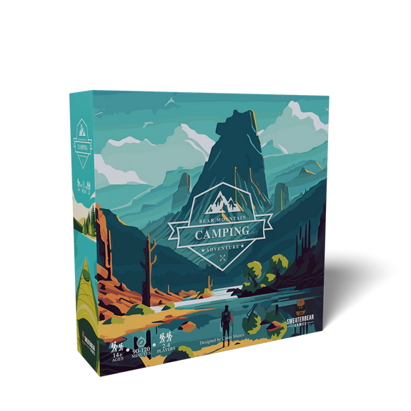 Bear Mountain Camping Adventure board game box featuring vibrant illustrations of rugged mountains, trees, and a serene river. The design showcases the game's adventurous theme, perfect for outdoor enthusiasts and gamers alike. The game is published by Sweaterbear Games and is suitable for 1-4 players, with gameplay lasting 90-120 minutes, designed by Chris Matlos.