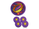 The Fellowship of the Ring: Trick-Taking Game by Office Dog. The image features a circular game piece depicting the One Ring in vibrant colors, accompanied by four matching circular tokens with stylized star designs, all set against a colorful background that evokes a fantasy theme.