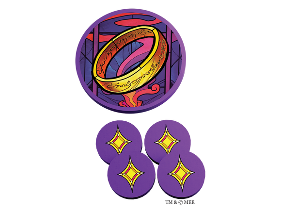 The Fellowship of the Ring: Trick-Taking Game by Office Dog. The image features a circular game piece depicting the One Ring in vibrant colors, accompanied by four matching circular tokens with stylized star designs, all set against a colorful background that evokes a fantasy theme.