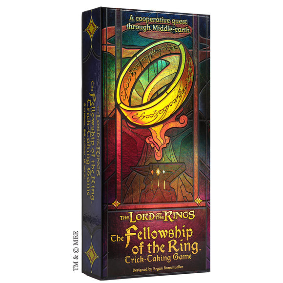 The Fellowship of the Ring: Trick-Taking Game box featuring a vibrant stained glass design. The design includes the One Ring, emphasizing its connection to Middle-earth. The title is prominently displayed along with the game description, making it clear that this is a cooperative card game inspired by The Lord of the Rings.