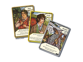 The Fellowship of the Ring: Trick-Taking Game features beautifully illustrated character cards including Sam, Frodo, and Gandalf. Each card showcases unique abilities and game mechanics, enhancing the strategic gameplay experience.
