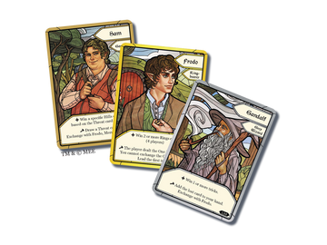 The Fellowship of the Ring: Trick-Taking Game features beautifully illustrated character cards including Sam, Frodo, and Gandalf. Each card showcases unique abilities and game mechanics, enhancing the strategic gameplay experience.