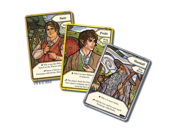 The Fellowship of the Ring: Trick-Taking Game features beautifully illustrated character cards including Sam, Frodo, and Gandalf. Each card showcases unique abilities and game mechanics, enhancing the strategic gameplay experience.