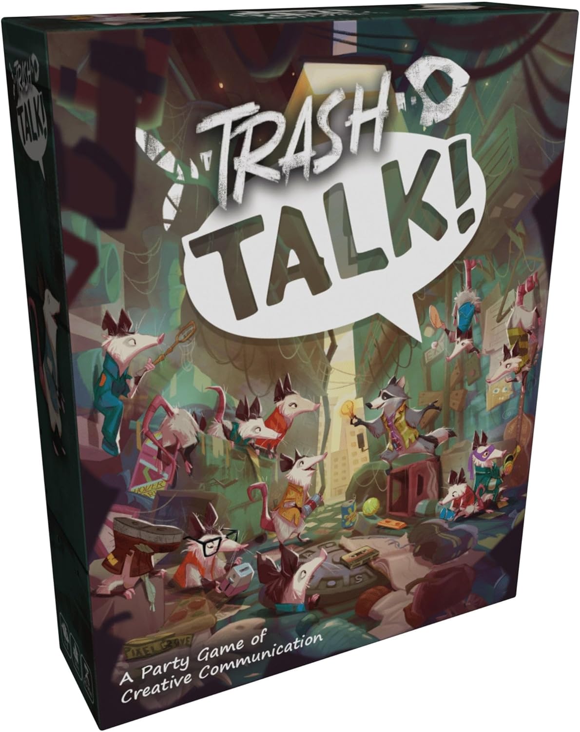 The box of 'Trash Talk!', a party game by Friendly Skeleton, featuring whimsical artwork of cartoon possums engaging in humorous communication scenarios in a cluttered alley. The game promotes creative communication and laughter, making it perfect for gatherings.