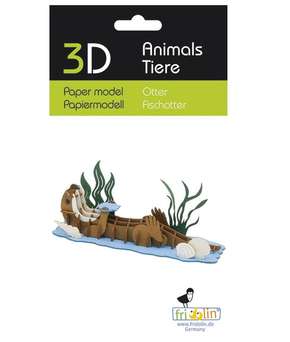 A colorful 3D paper model of an otter, featuring intricate designs and textures. The otter is depicted lying on a small water surface with decorative plants and seashells around it. The model showcases a playful representation of wildlife, perfect for DIY enthusiasts and animal lovers.