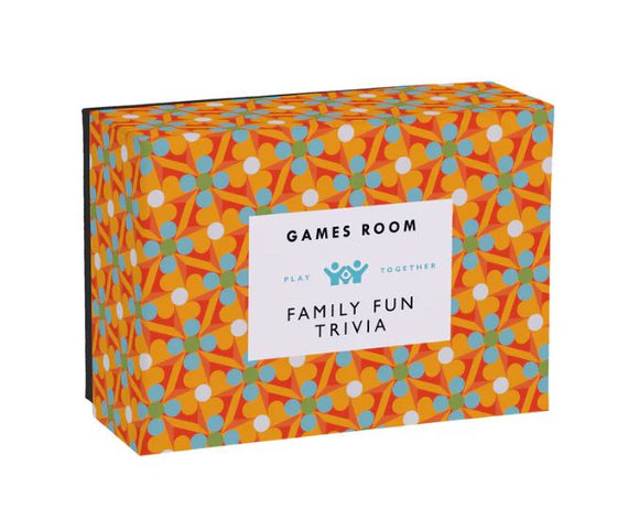 Family Fun Trivia game box by Games Room featuring a vibrant orange and blue floral design. The box displays the title 'Family Fun Trivia' prominently along with the Games Room logo and the phrase 'Play Together'.