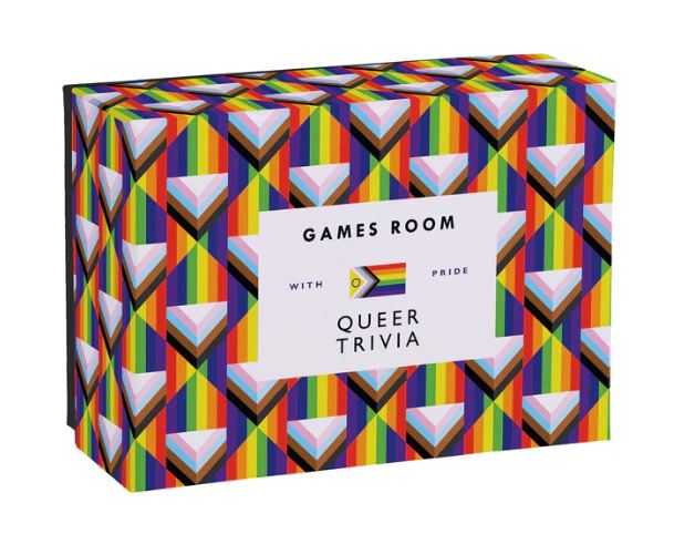 Queer Trivia game box by Games Room, featuring a vibrant design with rainbow colors and geometric patterns. The front displays the title 'QUEER TRIVIA' along with the Games Room logo and the phrase 'with pride'.