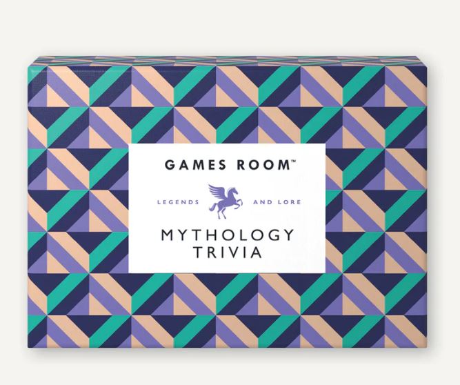 Mythology Trivia game box by Games Room featuring a vibrant geometric design in shades of purple, green, and cream, centered around the title 'Mythology Trivia' and subtitled 'Legends and Lore'.