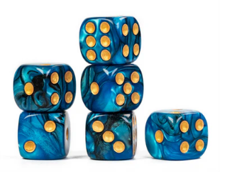 Set of six blue and black swirled six-sided dice with gold pips, arranged in a stack, representing the Thunderstorm design by Foam Brain Games.