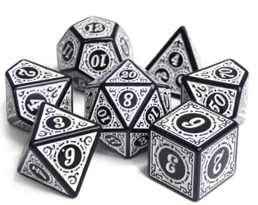 A complete set of Magic Flame white RPG dice featuring intricate black designs and clear numbers. The set includes various shapes such as a d20, d12, d10, d8, d6, and d4, ideal for tabletop gaming.