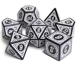 A complete set of Magic Flame white RPG dice featuring intricate black designs and clear numbers. The set includes various shapes such as a d20, d12, d10, d8, d6, and d4, ideal for tabletop gaming.
