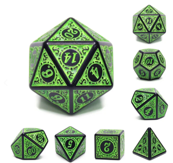 A vibrant green RPG dice set featuring intricate black designs and clear numbers. The set includes various polyhedral dice such as a d20, d12, d10, d8, d6, and d4, perfect for role-playing games. Each die is uniquely shaped and adorned with artistic patterns, enhancing the gaming experience.