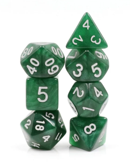 A stacked set of Dark Forest RPG dice in various shapes and sizes. The dice are a vibrant green color with white etched numbers, including a D20, a D12, D10, D8, D6, and D4, perfect for tabletop role-playing games and enhancing gaming experiences.