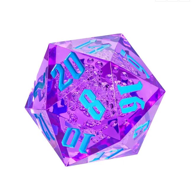 The 55mm Titan D20 - Bubbling Caul is a vibrant, 20-sided die made of clear purple resin filled with bubble effect. It features bright blue numbers, providing a striking contrast and an appealing aesthetic for tabletop games or RPG sessions.