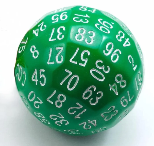 A green 45mm D100 die with white numbers printed on its surface. The die displays various numbers including 8, 20, 30, 45, and 83, showcasing a polyhedral design typical for tabletop games. Ideal for role-playing or strategy games.