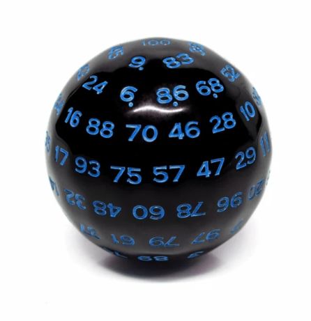 A 45mm black sphere with vibrant blue numbers printed all over its surface. The numbers range from 1 to 100, providing a visually stimulating design, perfect for engaging gameplay experiences.