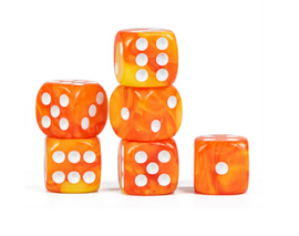 Set of 12 blended orange D6 dice by Foam Brain Games. The dice feature a vibrant orange marbled design with contrasting white dots. Ideal for tabletop games and role-playing.