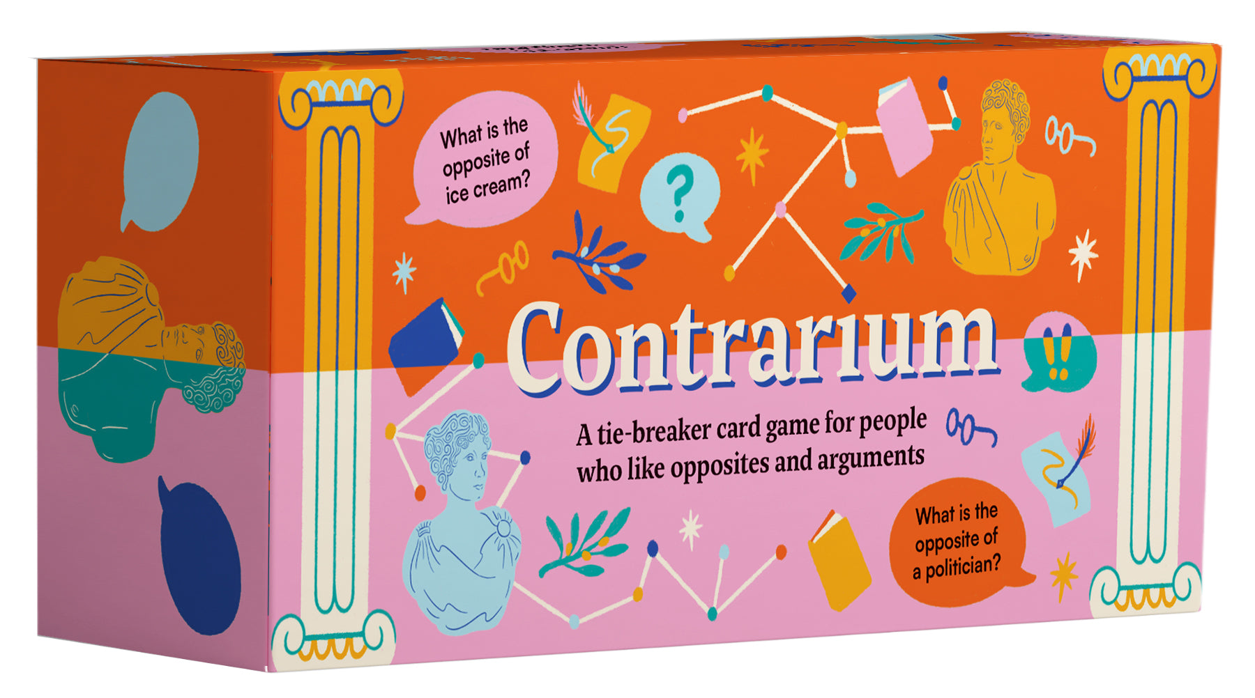 Contrarium, a colorful card game box featuring a whimsical design with illustrations of classical statues, question marks, and opposites. The text on the box highlights its purpose as a tie-breaker game for those who enjoy discussions and arguments about opposites. The creative and playful design suggests a fun and engaging gameplay experience.