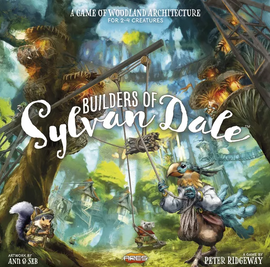 Builders of Sylvan Dale board game box featuring colorful woodland artwork. The game showcases creatures like a bird and a squirrel engaged in architectural activities. The title is prominently displayed at the top, with additional information about gameplay for 2-4 players.