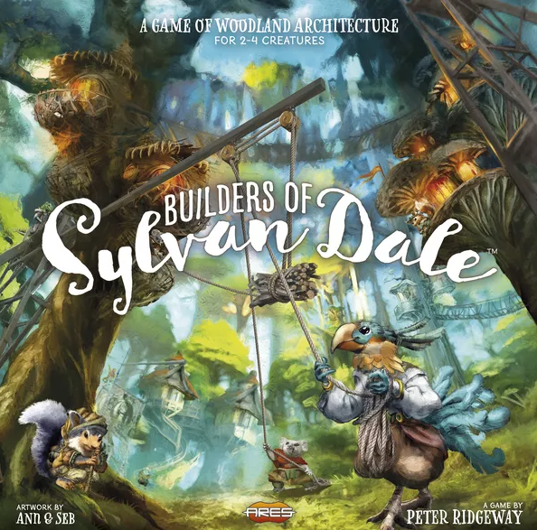 Builders of Sylvan Dale board game box featuring colorful woodland artwork. The game showcases creatures like a bird and a squirrel engaged in architectural activities. The title is prominently displayed at the top, with additional information about gameplay for 2-4 players.